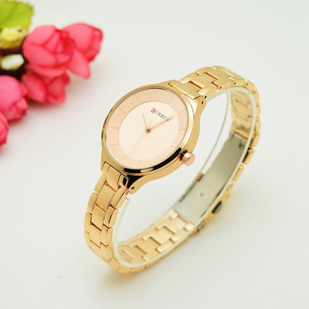 Montre-bracelet de luxe dorée pour femme, en acier inoxydable, à quartz analogique, étanche