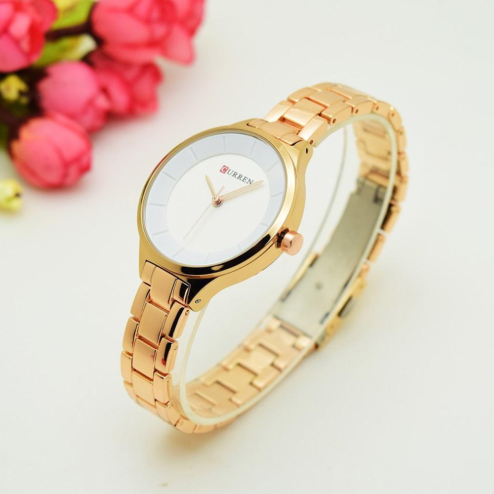 Montre-bracelet de luxe dorée pour femme, en acier inoxydable, à quartz analogique, étanche