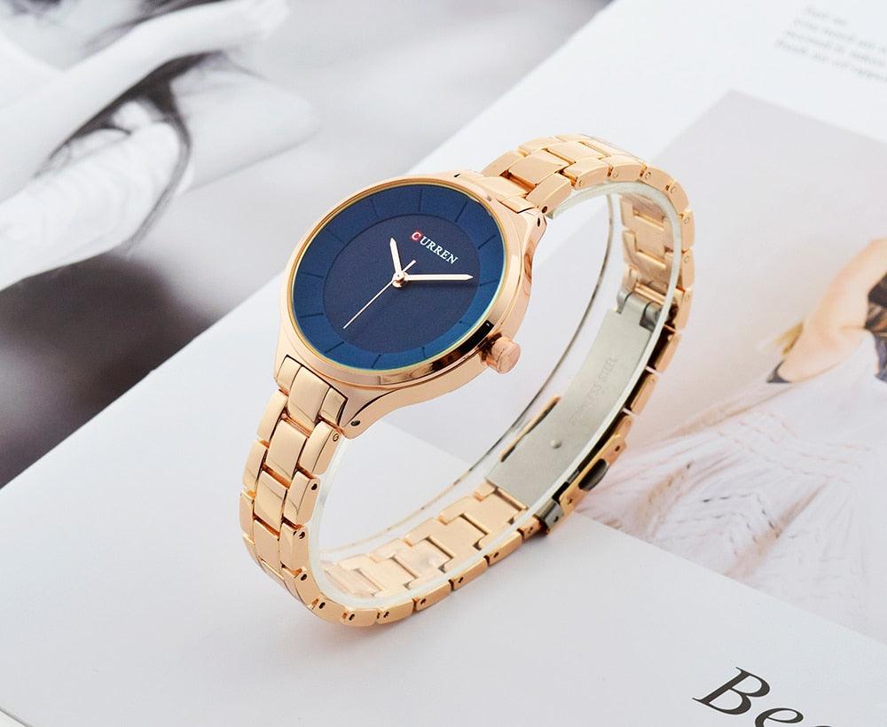 Montre-bracelet de luxe dorée pour femme, en acier inoxydable, à quartz analogique, étanche
