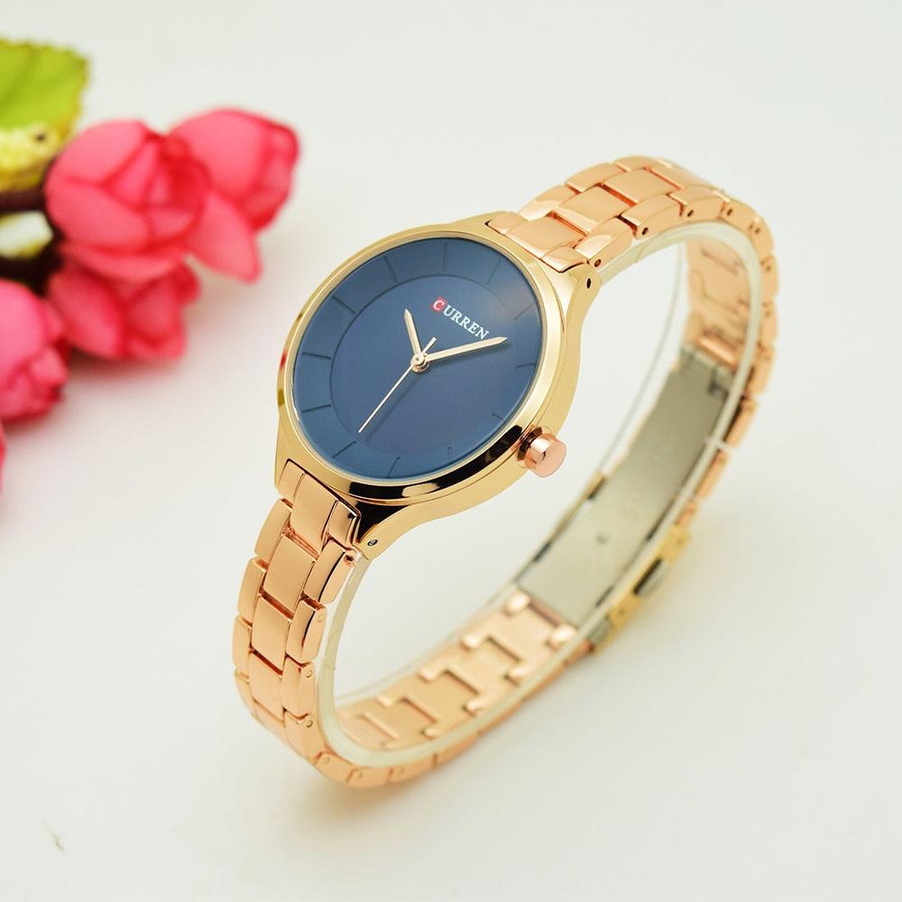 Montre-bracelet de luxe dorée pour femme, en acier inoxydable, à quartz analogique, étanche