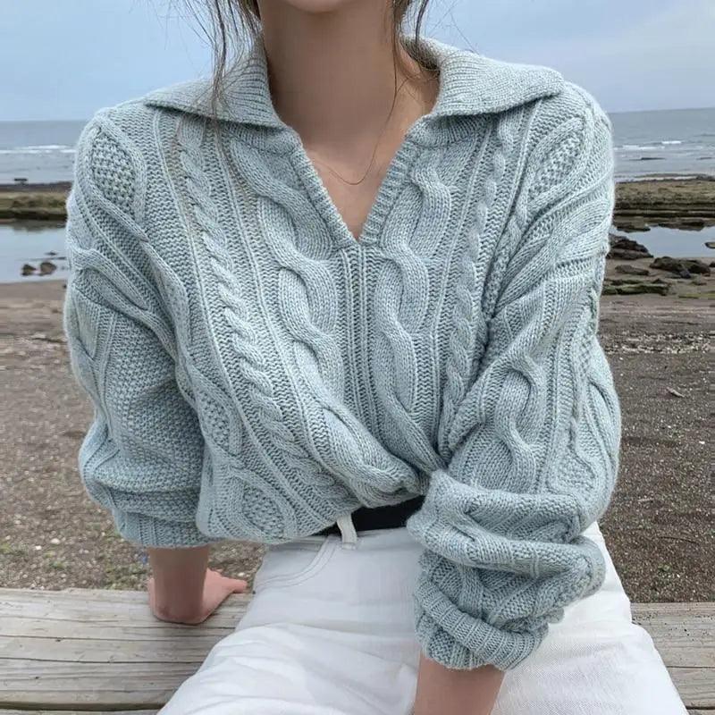 Chandails en tricot de luxe rétro pour femmes, pull décontracté de couleur unie, col rabattable, ample, doux, tops assortis pour l'automne
