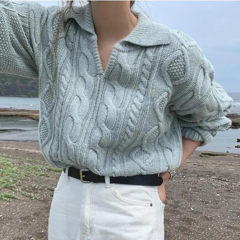 Chandails en tricot de luxe rétro pour femmes, pull décontracté de couleur unie, col rabattable, ample, doux, tops assortis pour l'automne