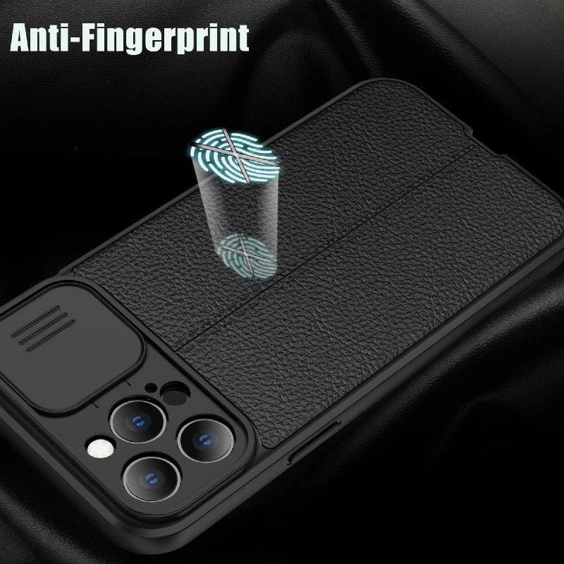 Étui de téléphone antichoc en cuir de luxe noir pour iPhone 13 12 11 14 Pro Max XR X XSMax 14, protection d'objectif d'appareil photo, coque arrière souple, étui fin antichoc avec étui de caméra coulissant pour iPhone
