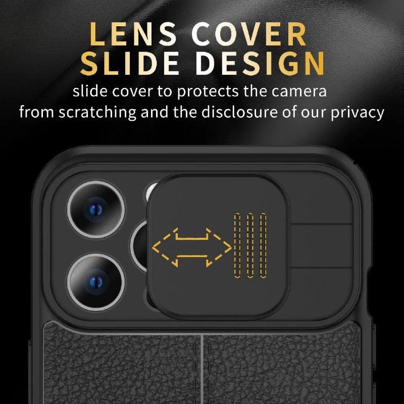 Étui de téléphone antichoc en cuir de luxe noir pour iPhone 13 12 11 14 Pro Max XR X XSMax 14, protection d'objectif d'appareil photo, coque arrière souple, étui fin antichoc avec étui de caméra coulissant pour iPhone