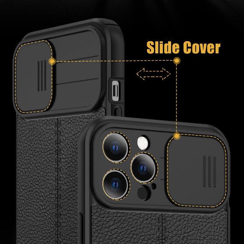 Étui de téléphone antichoc en cuir de luxe noir pour iPhone 13 12 11 14 Pro Max XR X XSMax 14, protection d'objectif d'appareil photo, coque arrière souple, étui fin antichoc avec étui de caméra coulissant pour iPhone