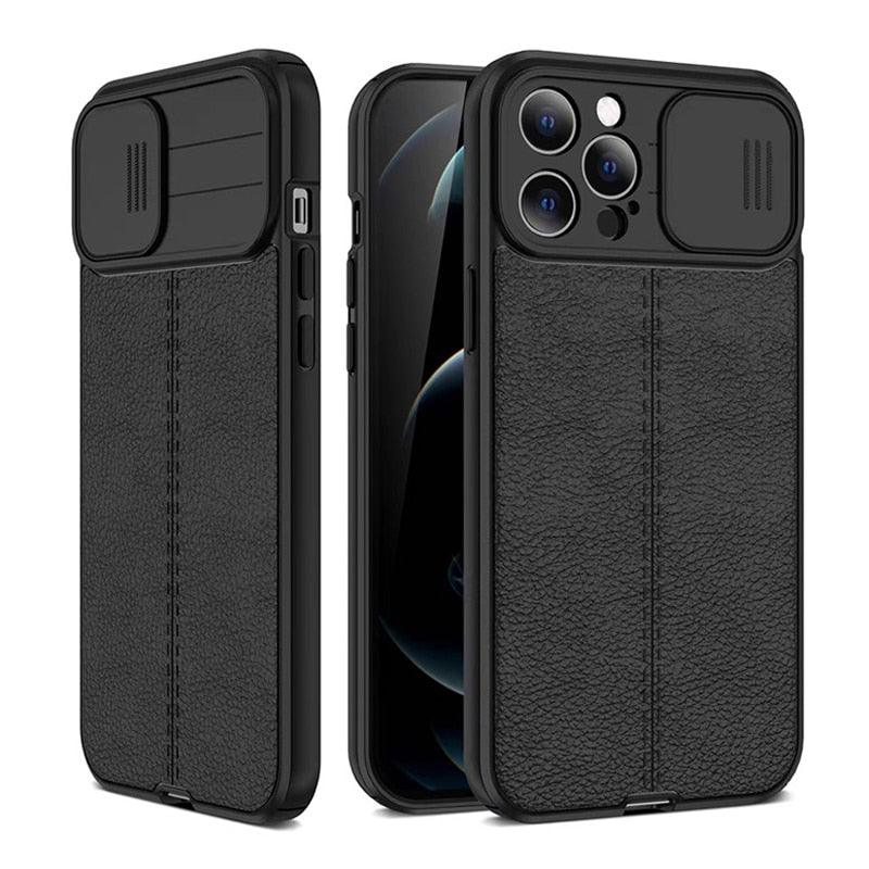 Étui de téléphone antichoc en cuir de luxe noir pour iPhone 13 12 11 14 Pro Max XR X XSMax 14, protection d'objectif d'appareil photo, coque arrière souple, étui fin antichoc avec étui de caméra coulissant pour iPhone