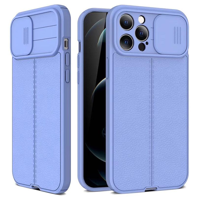 Étui de téléphone antichoc en cuir de luxe noir pour iPhone 13 12 11 14 Pro Max XR X XSMax 14, protection d'objectif d'appareil photo, coque arrière souple, étui fin antichoc avec étui de caméra coulissant pour iPhone