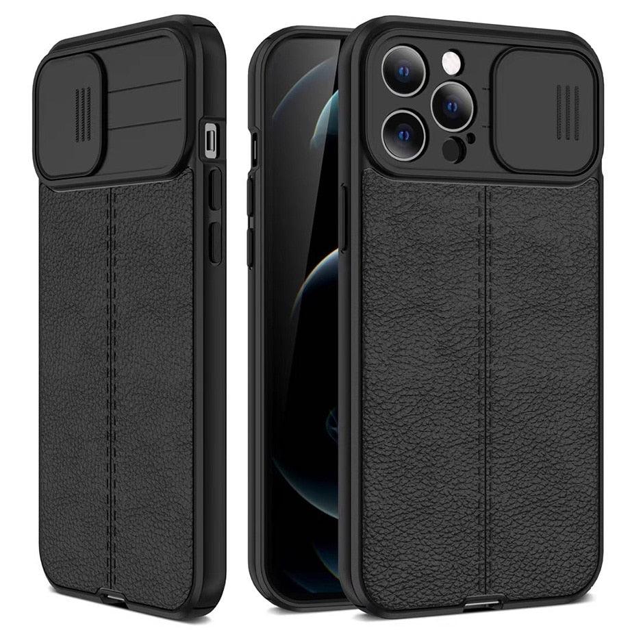 Étui de téléphone antichoc en cuir de luxe noir pour iPhone 13 12 11 14 Pro Max XR X XSMax 14, protection d'objectif d'appareil photo, coque arrière souple, étui fin antichoc avec étui de caméra coulissant pour iPhone