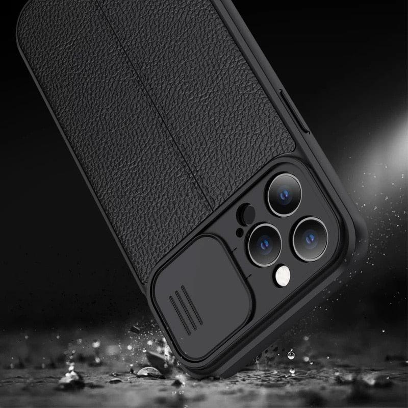 Étui de téléphone antichoc en cuir de luxe noir pour iPhone 13 12 11 14 Pro Max XR X XSMax 14, protection d'objectif d'appareil photo, coque arrière souple, étui fin antichoc avec étui de caméra coulissant pour iPhone