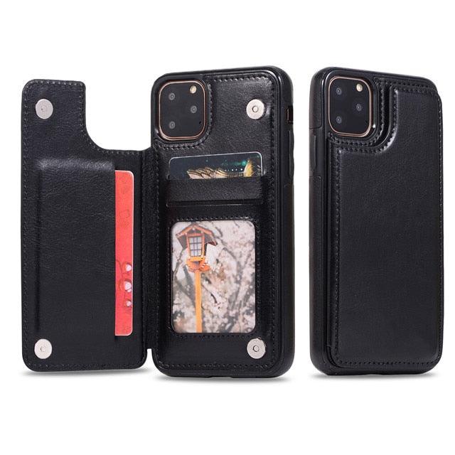 Étui en cuir de luxe pour iPhone 14 12 13 Mini 11 Pro XR XS Max 6 6s 7 8 Plus 5 5s, portefeuille, fente pour cartes de téléphone, étui à rabat en cuir PU avec béquille, fentes pour cartes, double fermoir magnétique, étui antichoc durable pour iPhone