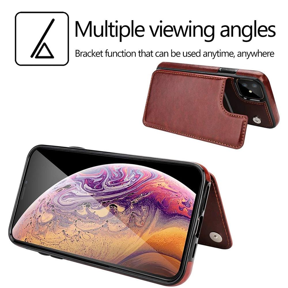 Étui en cuir de luxe pour iPhone 14 12 13 Mini 11 Pro XR XS Max 6 6s 7 8 Plus 5 5s, portefeuille, fente pour cartes de téléphone, étui à rabat en cuir PU avec béquille, fentes pour cartes, double fermoir magnétique, étui antichoc durable pour iPhone