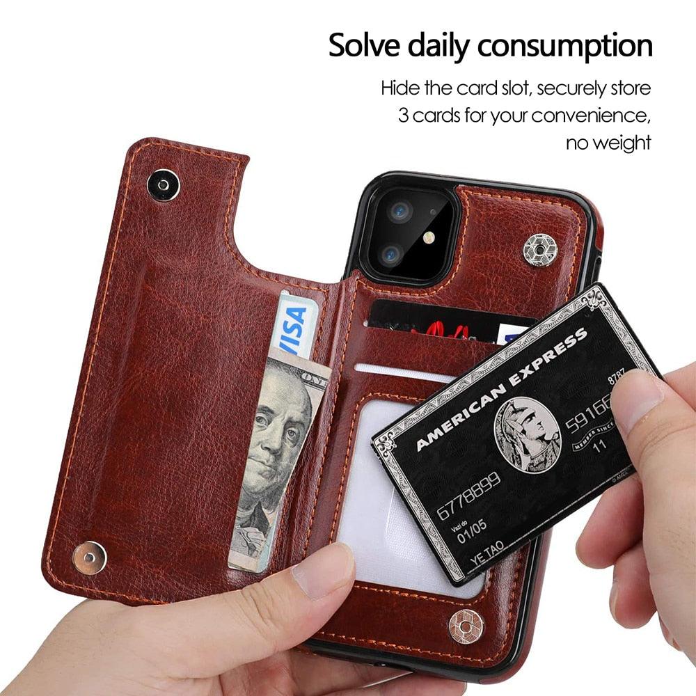 Étui en cuir de luxe pour iPhone 14 12 13 Mini 11 Pro XR XS Max 6 6s 7 8 Plus 5 5s, portefeuille, fente pour cartes de téléphone, étui à rabat en cuir PU avec béquille, fentes pour cartes, double fermoir magnétique, étui antichoc durable pour iPhone