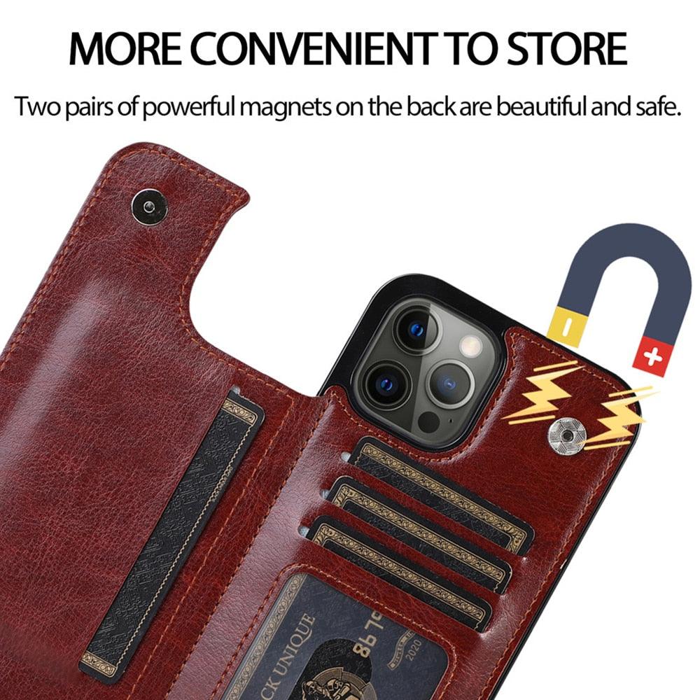 Étui en cuir de luxe pour iPhone 14 12 13 Mini 11 Pro XR XS Max 6 6s 7 8 Plus 5 5s, portefeuille, fente pour cartes de téléphone, étui à rabat en cuir PU avec béquille, fentes pour cartes, double fermoir magnétique, étui antichoc durable pour iPhone