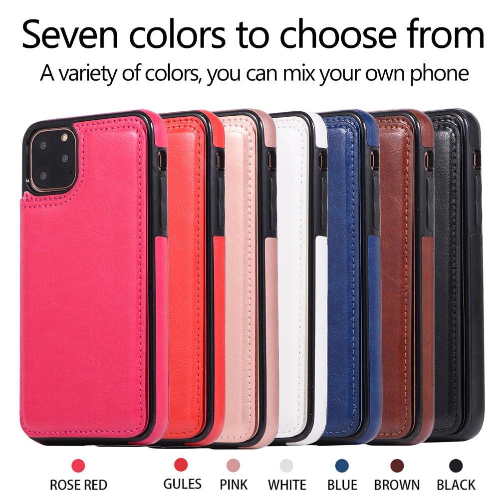 Étui en cuir de luxe pour iPhone 14 12 13 Mini 11 Pro XR XS Max 6 6s 7 8 Plus 5 5s, portefeuille, fente pour cartes de téléphone, étui à rabat en cuir PU avec béquille, fentes pour cartes, double fermoir magnétique, étui antichoc durable pour iPhone