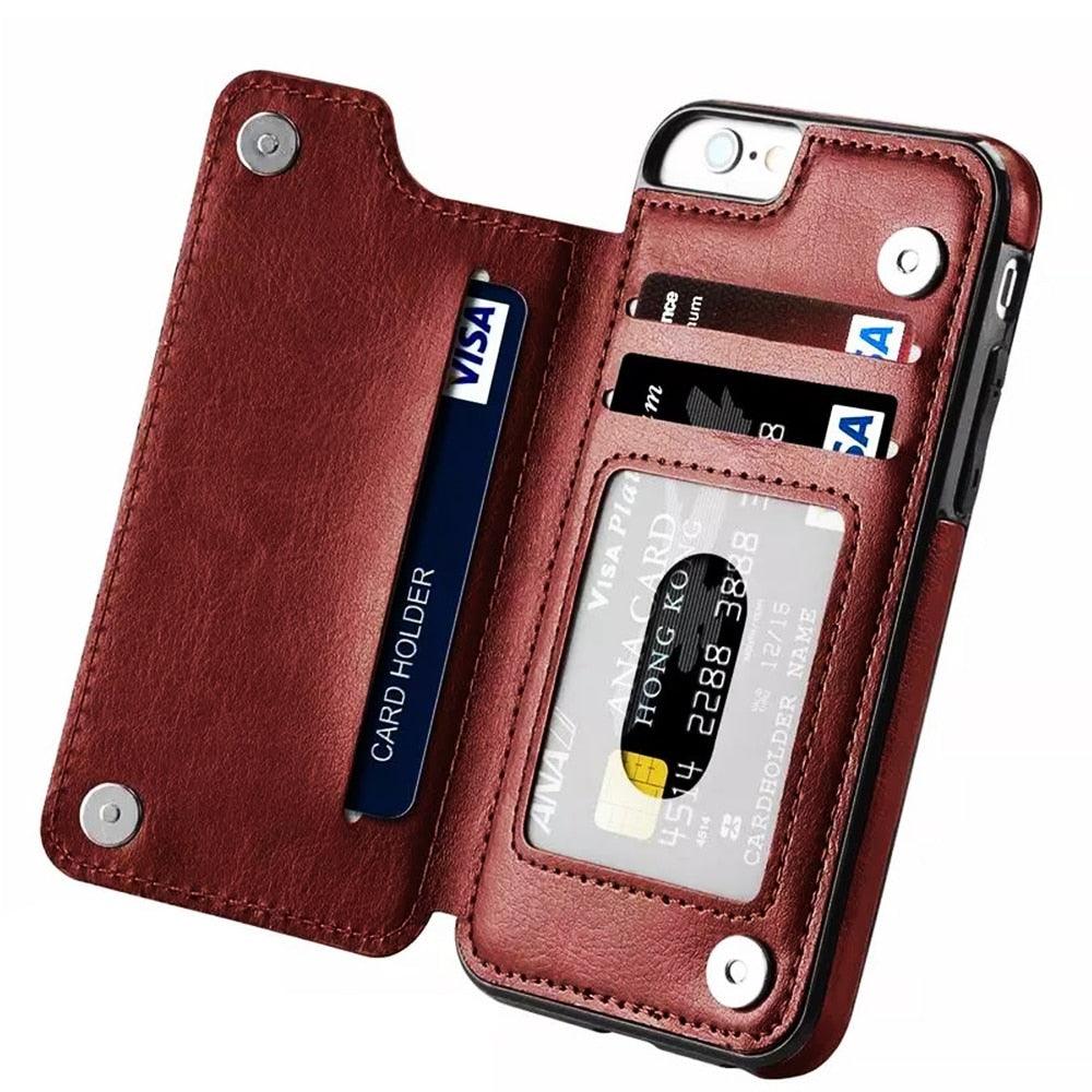 Étui en cuir de luxe pour iPhone 14 12 13 Mini 11 Pro XR XS Max 6 6s 7 8 Plus 5 5s, portefeuille, fente pour cartes de téléphone, étui à rabat en cuir PU avec béquille, fentes pour cartes, double fermoir magnétique, étui antichoc durable pour iPhone