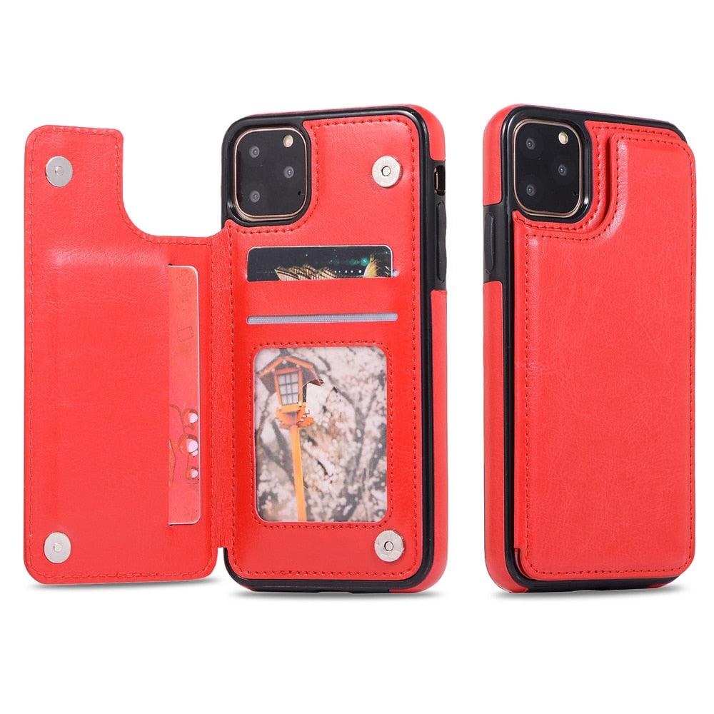 Étui en cuir de luxe pour iPhone 14 12 13 Mini 11 Pro XR XS Max 6 6s 7 8 Plus 5 5s, portefeuille, fente pour cartes de téléphone, étui à rabat en cuir PU avec béquille, fentes pour cartes, double fermoir magnétique, étui antichoc durable pour iPhone