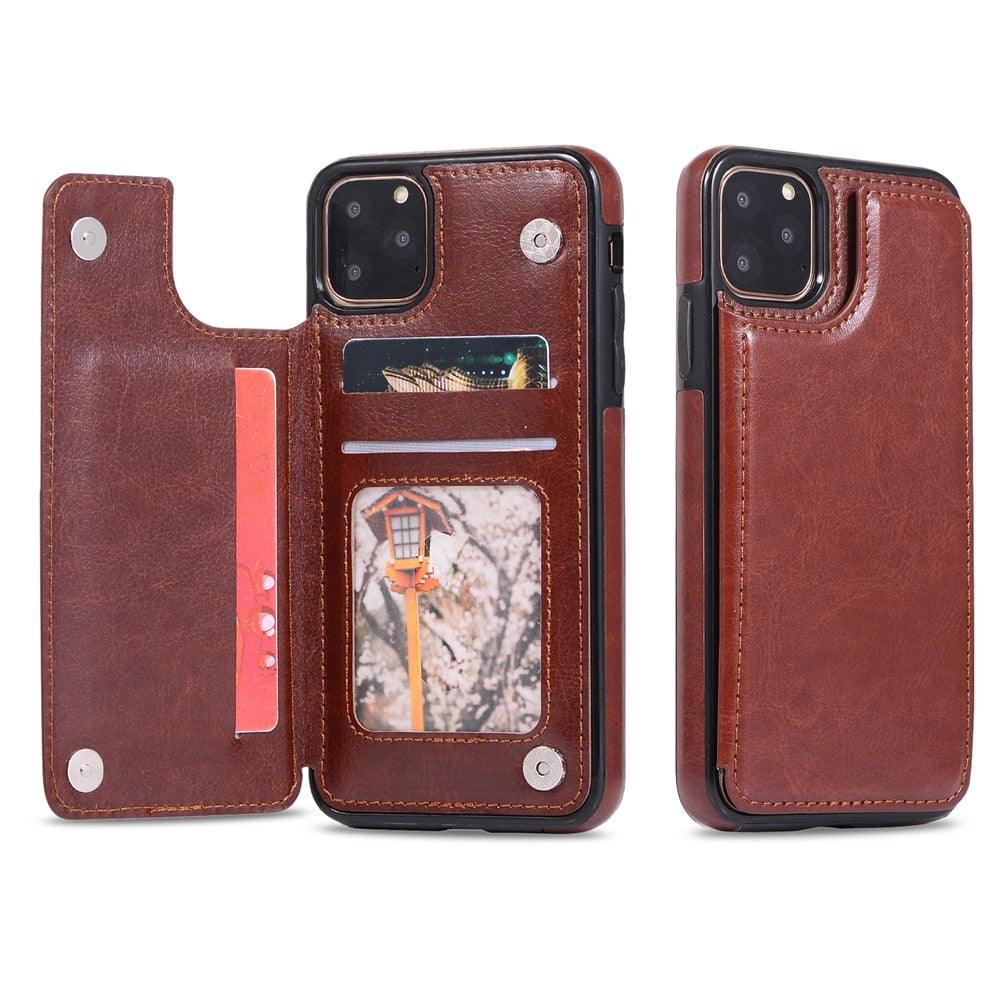 Étui en cuir de luxe pour iPhone 14 12 13 Mini 11 Pro XR XS Max 6 6s 7 8 Plus 5 5s, portefeuille, fente pour cartes de téléphone, étui à rabat en cuir PU avec béquille, fentes pour cartes, double fermoir magnétique, étui antichoc durable pour iPhone