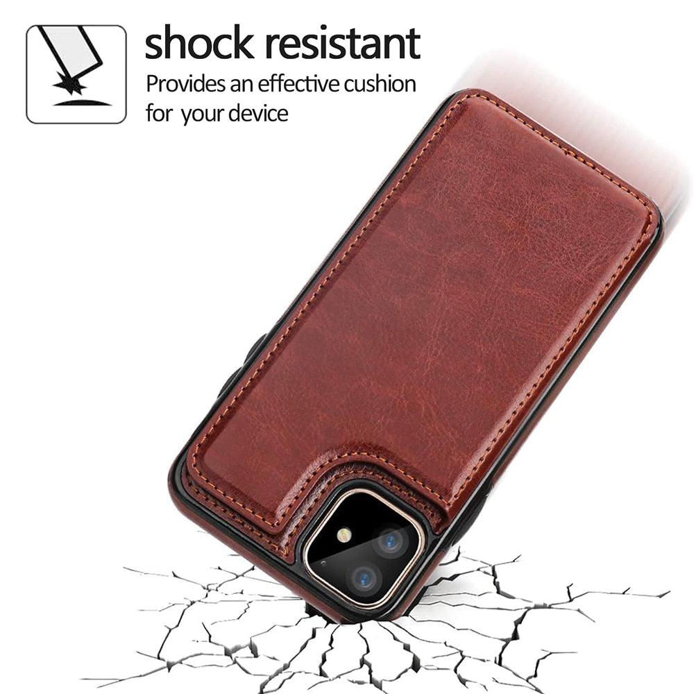 Étui en cuir de luxe pour iPhone 14 12 13 Mini 11 Pro XR XS Max 6 6s 7 8 Plus 5 5s, portefeuille, fente pour cartes de téléphone, étui à rabat en cuir PU avec béquille, fentes pour cartes, double fermoir magnétique, étui antichoc durable pour iPhone