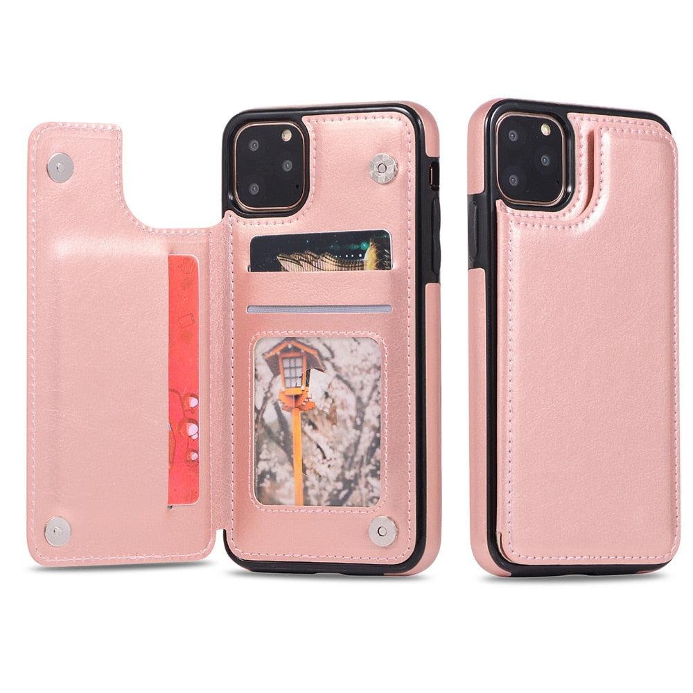Étui en cuir de luxe pour iPhone 14 12 13 Mini 11 Pro XR XS Max 6 6s 7 8 Plus 5 5s, portefeuille, fente pour cartes de téléphone, étui à rabat en cuir PU avec béquille, fentes pour cartes, double fermoir magnétique, étui antichoc durable pour iPhone