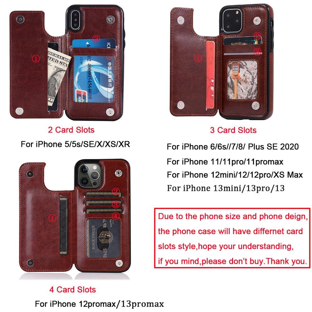 Étui en cuir de luxe pour iPhone 14 12 13 Mini 11 Pro XR XS Max 6 6s 7 8 Plus 5 5s, portefeuille, fente pour cartes de téléphone, étui à rabat en cuir PU avec béquille, fentes pour cartes, double fermoir magnétique, étui antichoc durable pour iPhone