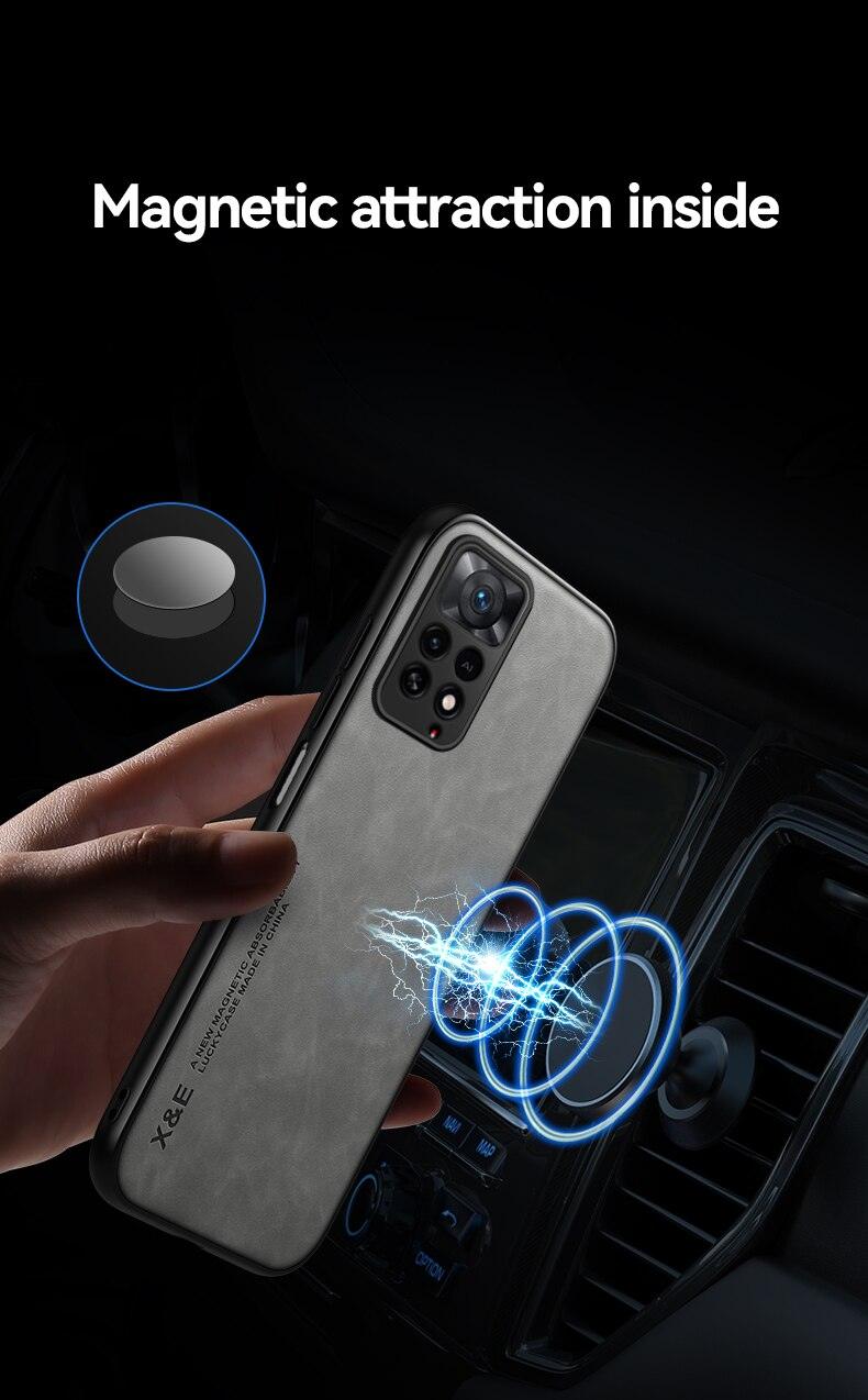 Étui en cuir de luxe magnétique pour Xiaomi Redmi Note 11 10 9 11E Pro 11S 10S 12 12X 10C POCO X3 NFC Pro F3, coques avec plaque métallique, coque arrière en cuir de qualité supérieure, étui de téléphone portable souple, ultra fin, anti-rayures