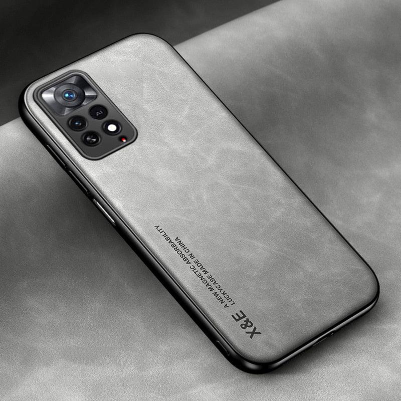 Étui en cuir de luxe magnétique pour Xiaomi Redmi Note 11 10 9 11E Pro 11S 10S 12 12X 10C POCO X3 NFC Pro F3, coques avec plaque métallique, coque arrière en cuir de qualité supérieure, étui de téléphone portable souple, ultra fin, anti-rayures