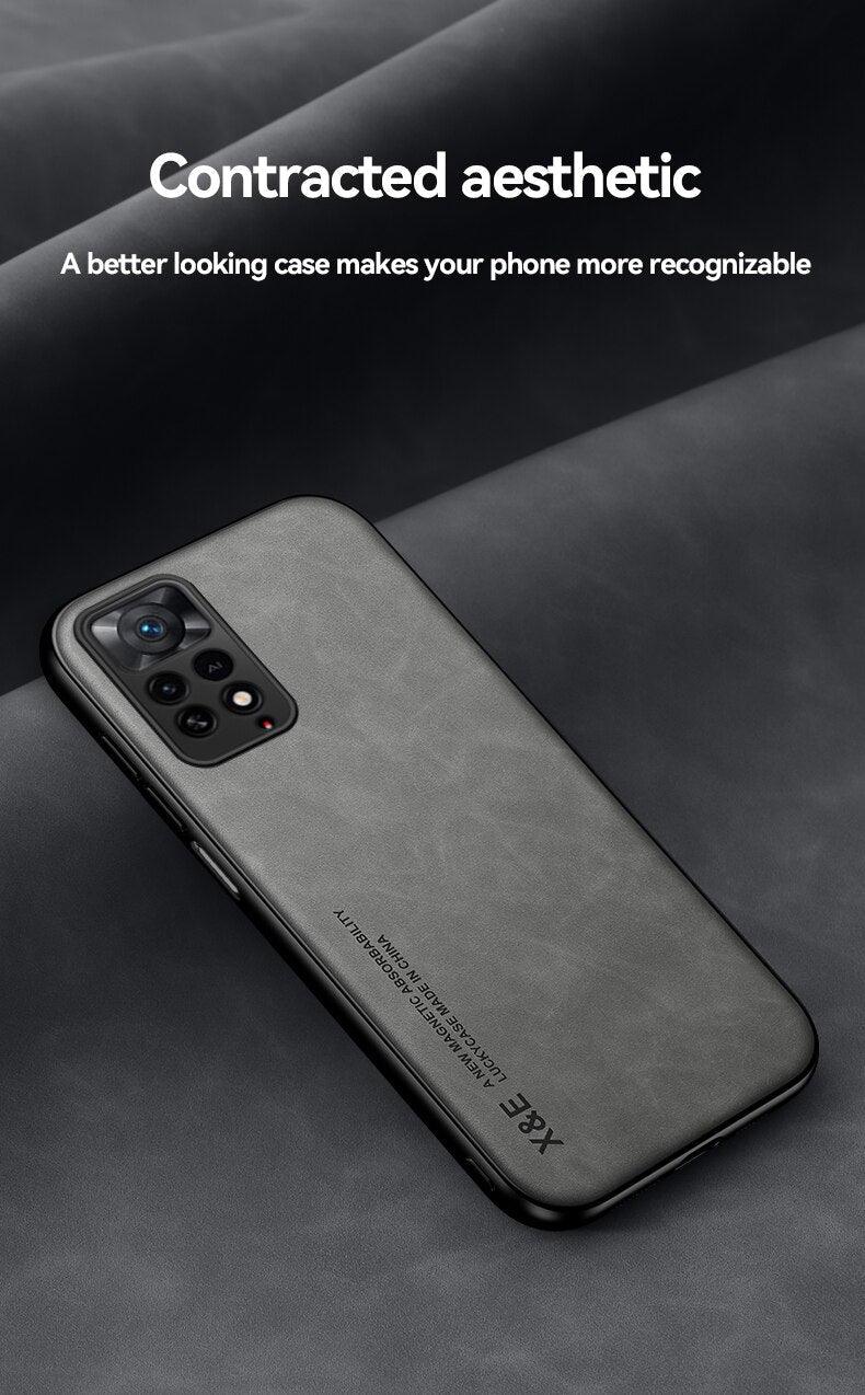 Étui en cuir de luxe magnétique pour Xiaomi Redmi Note 11 10 9 11E Pro 11S 10S 12 12X 10C POCO X3 NFC Pro F3, coques avec plaque métallique, coque arrière en cuir de qualité supérieure, étui de téléphone portable souple, ultra fin, anti-rayures