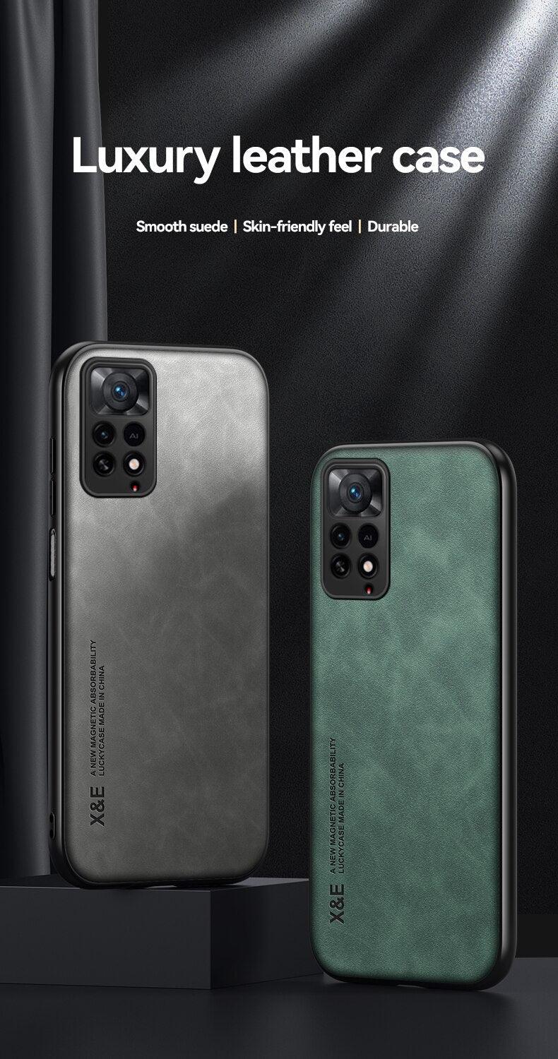 Étui en cuir de luxe magnétique pour Xiaomi Redmi Note 11 10 9 11E Pro 11S 10S 12 12X 10C POCO X3 NFC Pro F3, coques avec plaque métallique, coque arrière en cuir de qualité supérieure, étui de téléphone portable souple, ultra fin, anti-rayures