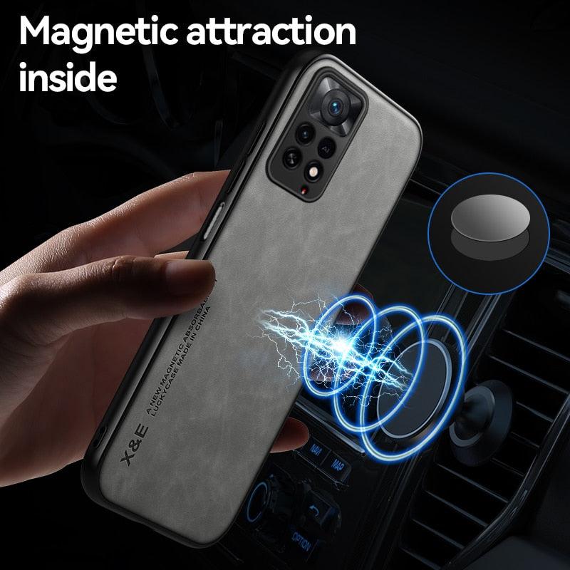 Étui en cuir de luxe magnétique pour Xiaomi Redmi Note 11 10 9 11E Pro 11S 10S 12 12X 10C POCO X3 NFC Pro F3, coques avec plaque métallique, coque arrière en cuir de qualité supérieure, étui de téléphone portable souple, ultra fin, anti-rayures