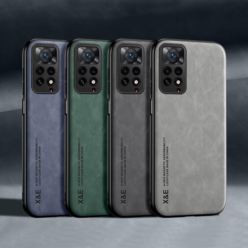 Étui en cuir de luxe magnétique pour Xiaomi Redmi Note 11 10 9 11E Pro 11S 10S 12 12X 10C POCO X3 NFC Pro F3, coques avec plaque métallique, coque arrière en cuir de qualité supérieure, étui de téléphone portable souple, ultra fin, anti-rayures