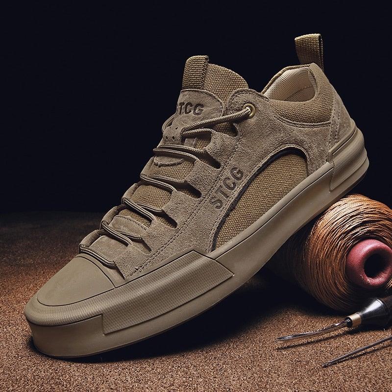 Baskets montantes de luxe en cuir pour homme, chaussures décontractées en toile pour homme, faites à la main, pour la marche, confortables et au design moderne