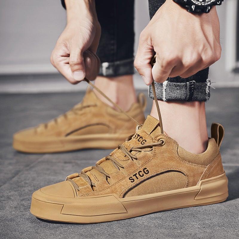 Baskets montantes de luxe en cuir pour homme, chaussures décontractées en toile pour homme, faites à la main, pour la marche, confortables et au design moderne