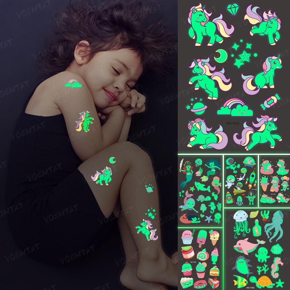Autocollants de tatouage lumineux de luxe licorne étoiles temporaire étanche lumineux faux tatouages autocollants dinosaure papillon pour enfants