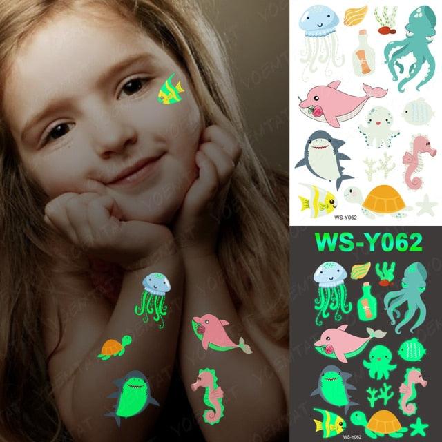 Autocollants de tatouage lumineux de luxe licorne étoiles temporaire étanche lumineux faux tatouages autocollants dinosaure papillon pour enfants