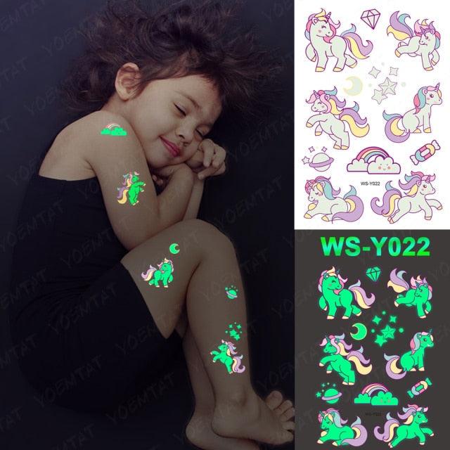 Autocollants de tatouage lumineux de luxe licorne étoiles temporaire étanche lumineux faux tatouages autocollants dinosaure papillon pour enfants