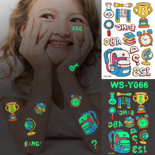 Autocollants de tatouage lumineux de luxe licorne étoiles temporaire étanche lumineux faux tatouages autocollants dinosaure papillon pour enfants