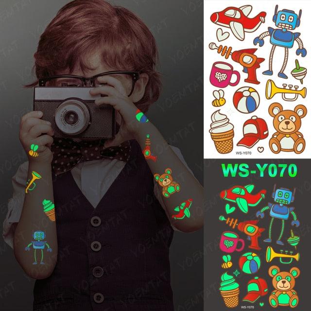 Autocollants de tatouage lumineux de luxe licorne étoiles temporaire étanche lumineux faux tatouages autocollants dinosaure papillon pour enfants