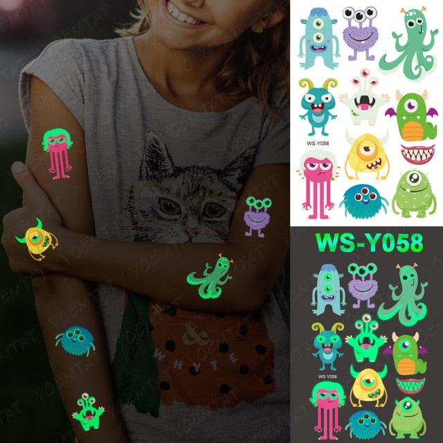 Autocollants de tatouage lumineux de luxe licorne étoiles temporaire étanche lumineux faux tatouages autocollants dinosaure papillon pour enfants