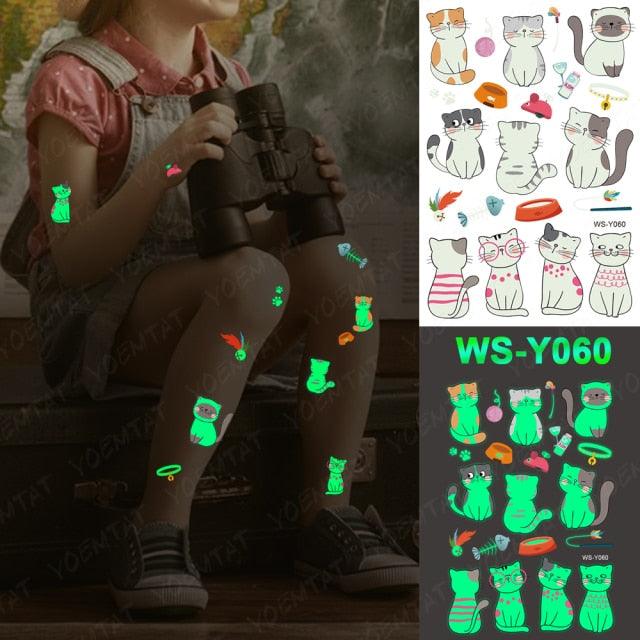 Autocollants de tatouage lumineux de luxe licorne étoiles temporaire étanche lumineux faux tatouages autocollants dinosaure papillon pour enfants
