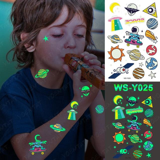 Autocollants de tatouage lumineux de luxe licorne étoiles temporaire étanche lumineux faux tatouages autocollants dinosaure papillon pour enfants