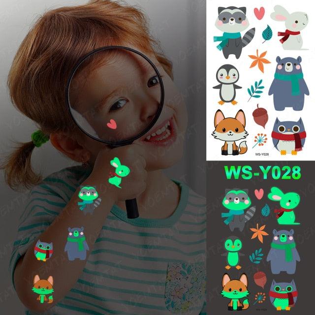 Autocollants de tatouage lumineux de luxe licorne étoiles temporaire étanche lumineux faux tatouages autocollants dinosaure papillon pour enfants