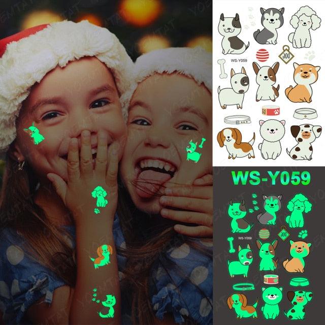 Autocollants de tatouage lumineux de luxe licorne étoiles temporaire étanche lumineux faux tatouages autocollants dinosaure papillon pour enfants