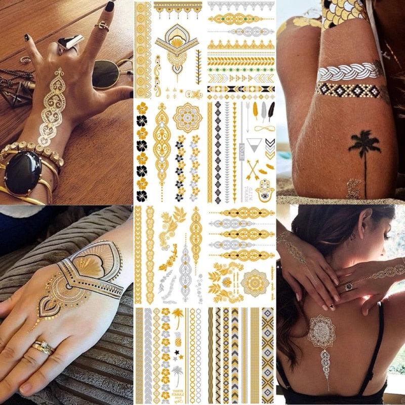Tatouage Temporaire Luxe Métallique Doré Imperméable Plume Éléphant Mode Différents Modèles Tatouages Pour Femmes