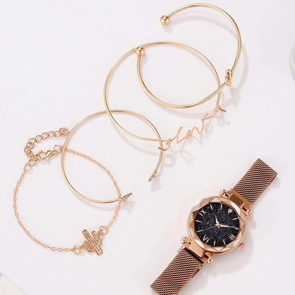 Montres De Luxe Cadran Ciel Étoilé Or Rose Femmes Bracelet Cristal Montre-Bracelet Quartz Ensemble De 5 Pièces Femmes Dames Montres Cadran Magnétique Ciel Étoilé Bracelet Maille Coupe Diamant Montre-Bracelet