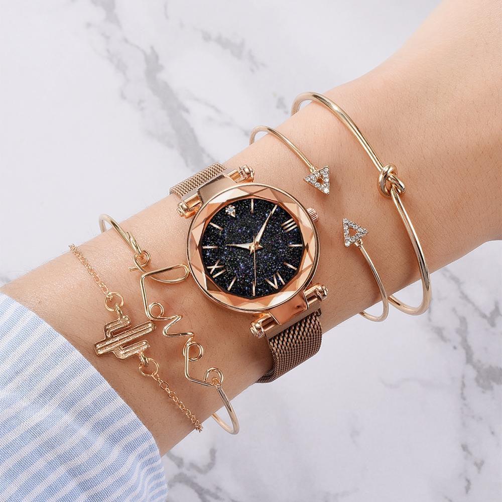 Montres De Luxe Cadran Ciel Étoilé Or Rose Femmes Bracelet Cristal Montre-Bracelet Quartz Ensemble De 5 Pièces Femmes Dames Montres Cadran Magnétique Ciel Étoilé Bracelet Maille Coupe Diamant Montre-Bracelet