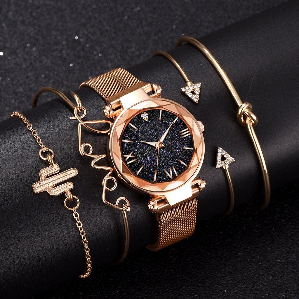 Montres De Luxe Cadran Ciel Étoilé Or Rose Femmes Bracelet Cristal Montre-Bracelet Quartz Ensemble De 5 Pièces Femmes Dames Montres Cadran Magnétique Ciel Étoilé Bracelet Maille Coupe Diamant Montre-Bracelet
