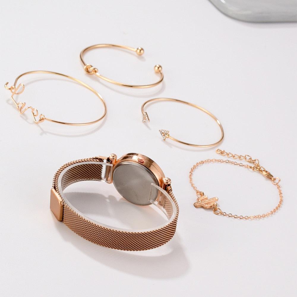 Montres De Luxe Cadran Ciel Étoilé Or Rose Femmes Bracelet Cristal Montre-Bracelet Quartz Ensemble De 5 Pièces Femmes Dames Montres Cadran Magnétique Ciel Étoilé Bracelet Maille Coupe Diamant Montre-Bracelet
