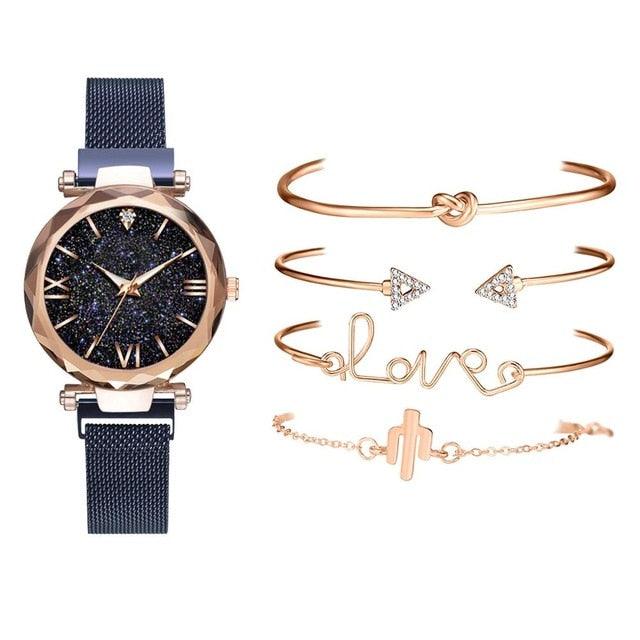 Montres De Luxe Cadran Ciel Étoilé Or Rose Femmes Bracelet Cristal Montre-Bracelet Quartz Ensemble De 5 Pièces Femmes Dames Montres Cadran Magnétique Ciel Étoilé Bracelet Maille Coupe Diamant Montre-Bracelet
