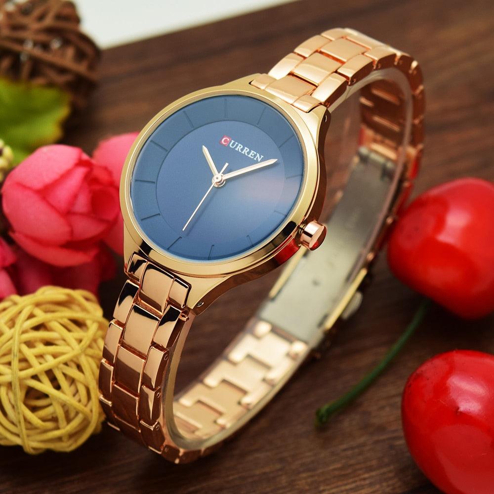 Montre de Luxe pour Femme Or Rose Montres-bracelets en Acier Inoxydable Mode Mince Quartz Montre Femme Étanche Montre-bracelet en Acier Inoxydable Design Rond Élégant pour Femmes