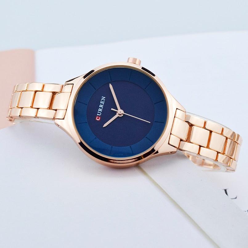 Montre de Luxe pour Femme Or Rose Montres-bracelets en Acier Inoxydable Mode Mince Quartz Montre Femme Étanche Montre-bracelet en Acier Inoxydable Design Rond Élégant pour Femmes